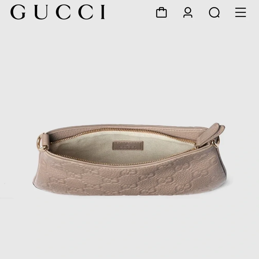 GUCCI GG EMBLEM SMALL LEATHER SHOULDER BAG TAUPE - Picture 5 of 13